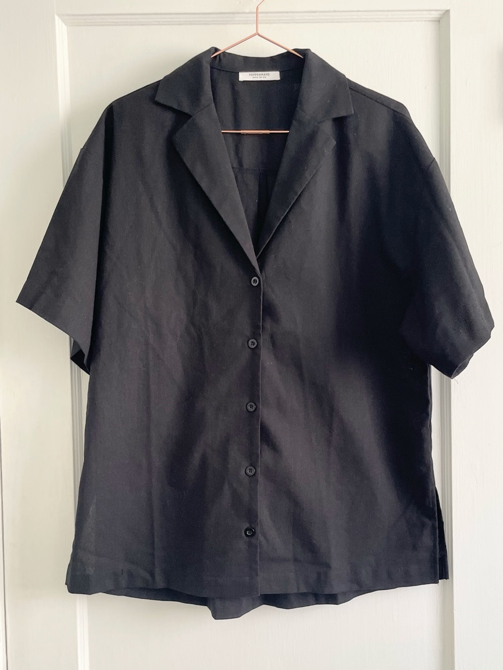 Peppermayo Black Linen Blend Short Sleeve Blazer Shirt US 6